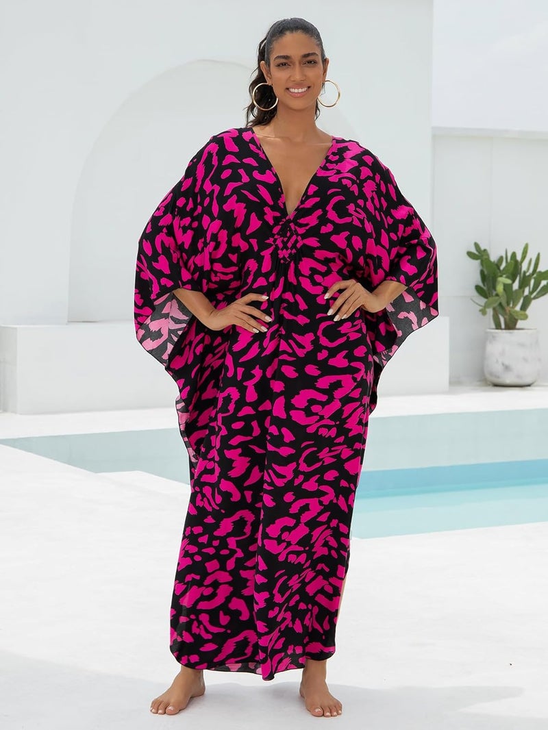 IMAGEKOPE Women's Plus Size Animal Print V-Neck Batwing Kaftan Beach Dress Bathing Suit Cover-Up Loungewear - Image 2
